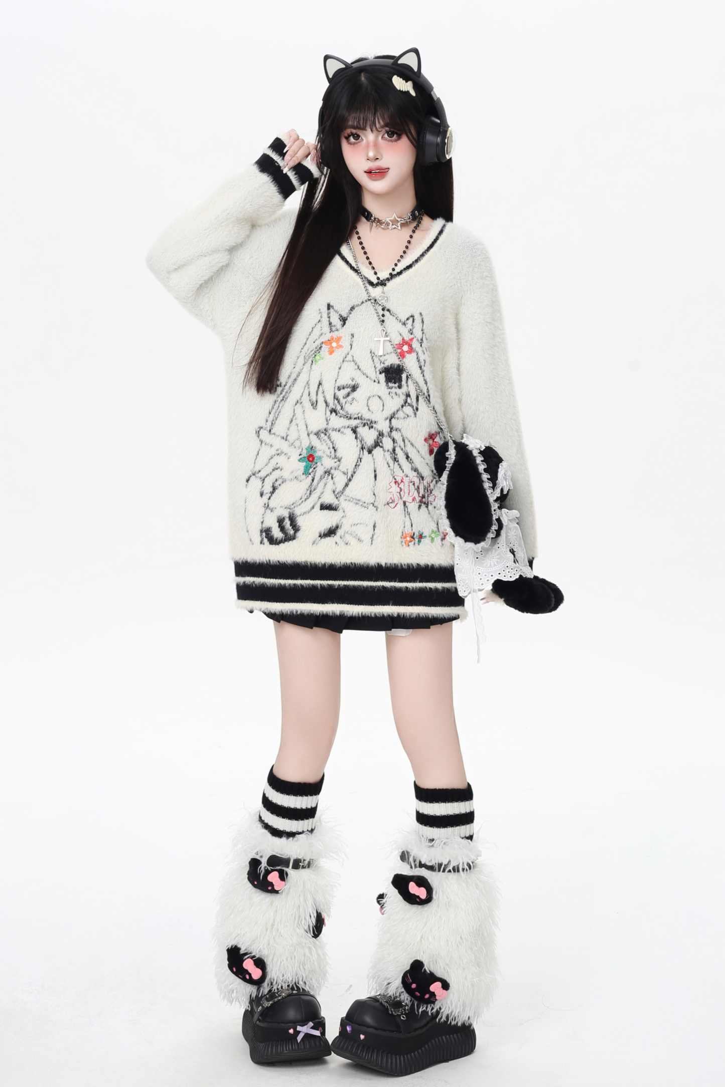 ミンクファーVネックルーズセーター