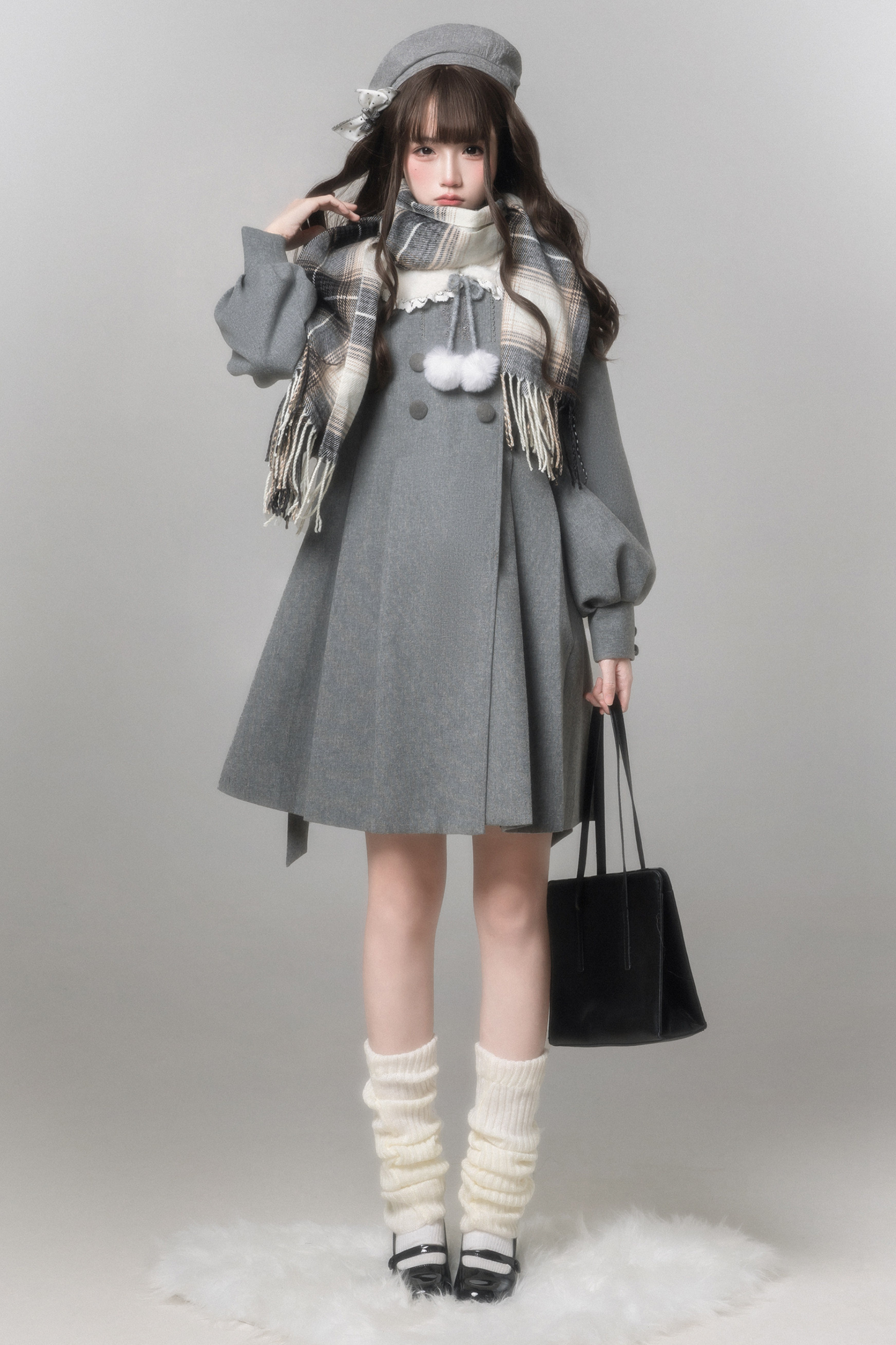 スイートフレアコート+スカート+シャツ+ベレー帽