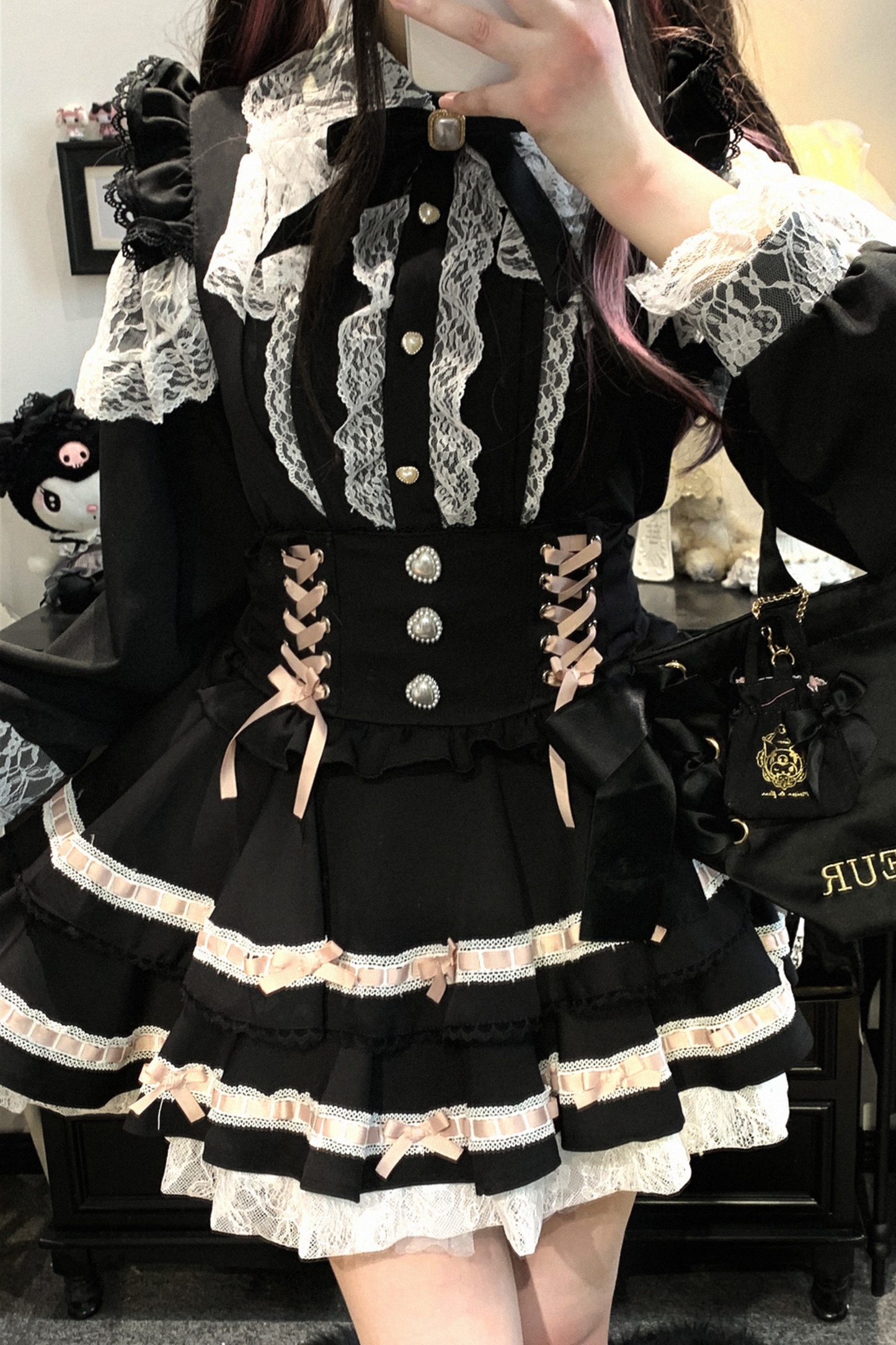 [Pre-order item] Frilled Ribbon Lace-up Suspender Skirt