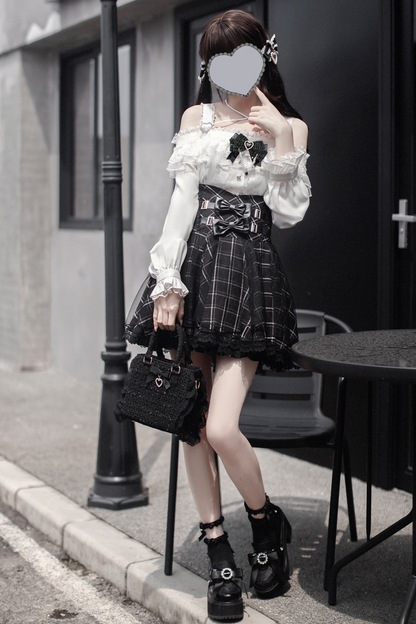 Mine off-the-shoulder shirt + checked skirt (with inner pants)