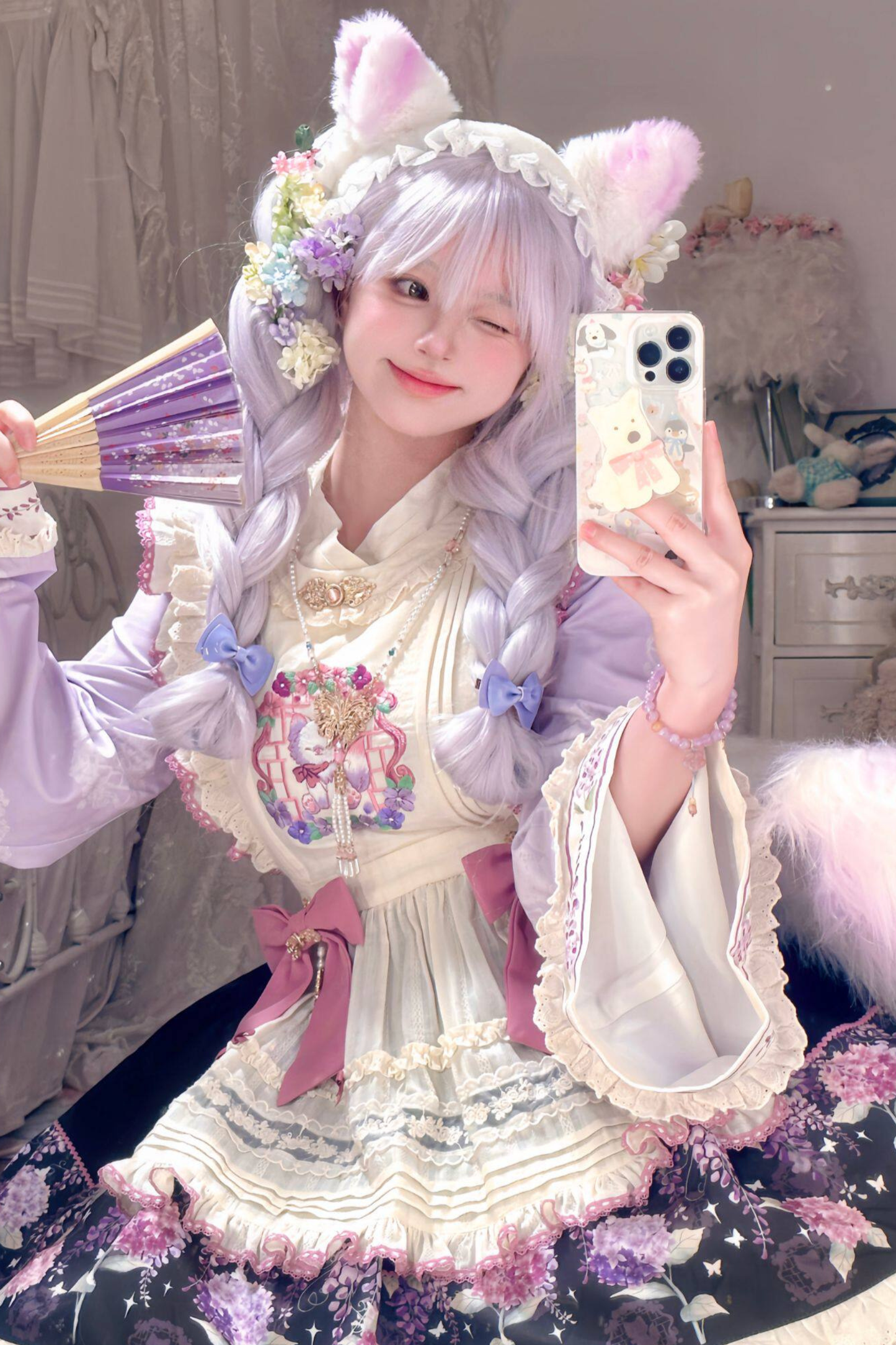 フローラルチャイナロリータトップス+スカート+エプロン+カチューシャ+ボンネット