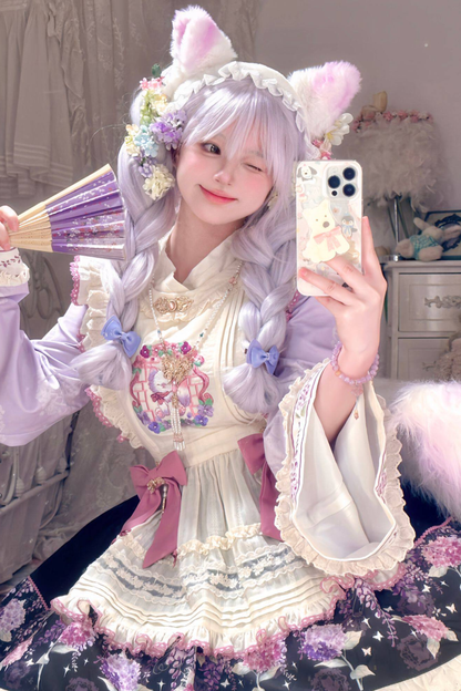 フローラルチャイナロリータトップス+スカート+エプロン+カチューシャ+ボンネット
