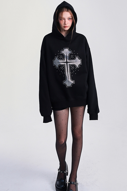 ビッグクロスデザインルーズフードパーカー