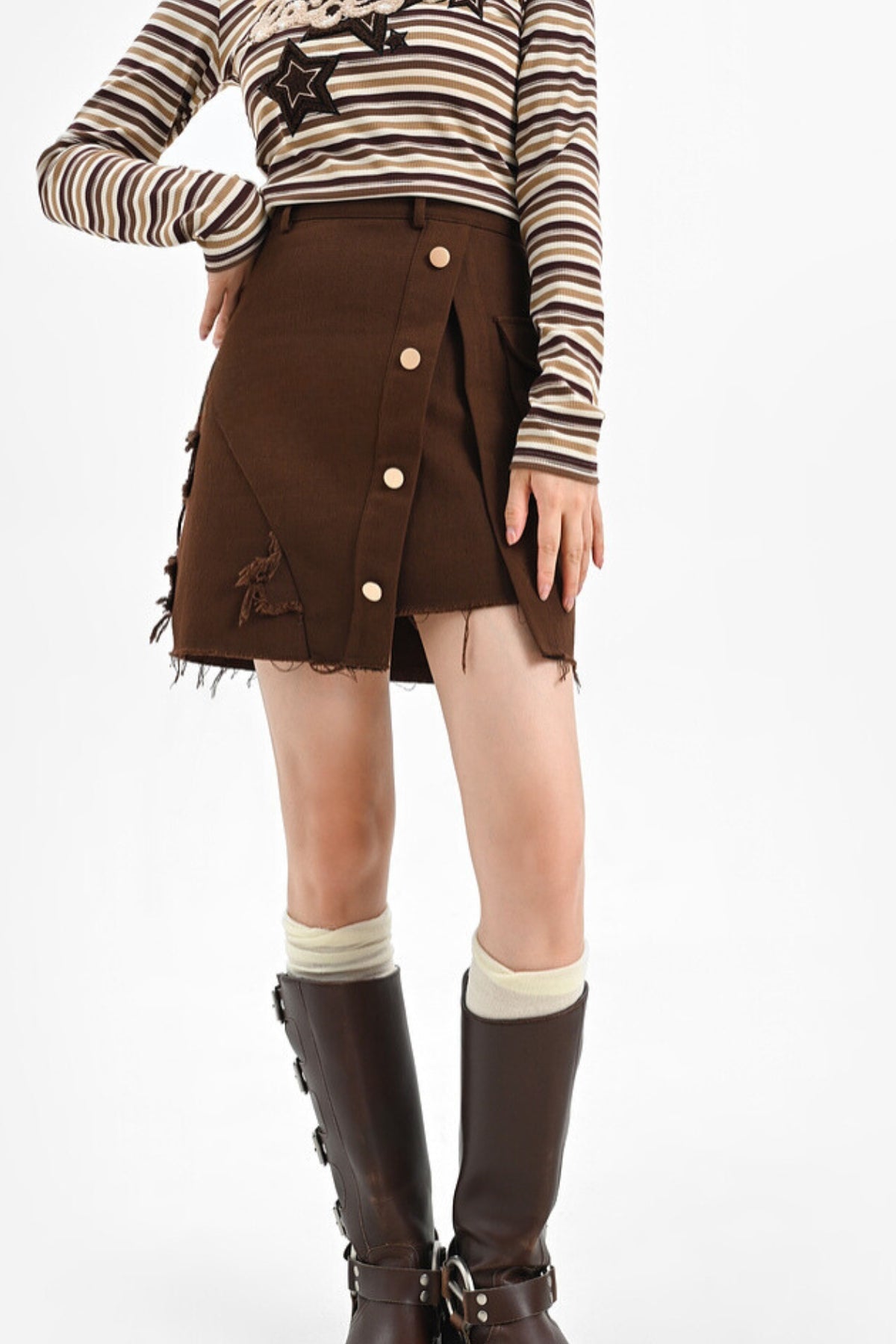 Brown Retro High Waist Skirt + Dark Brown T-Shirt + Blue Coat