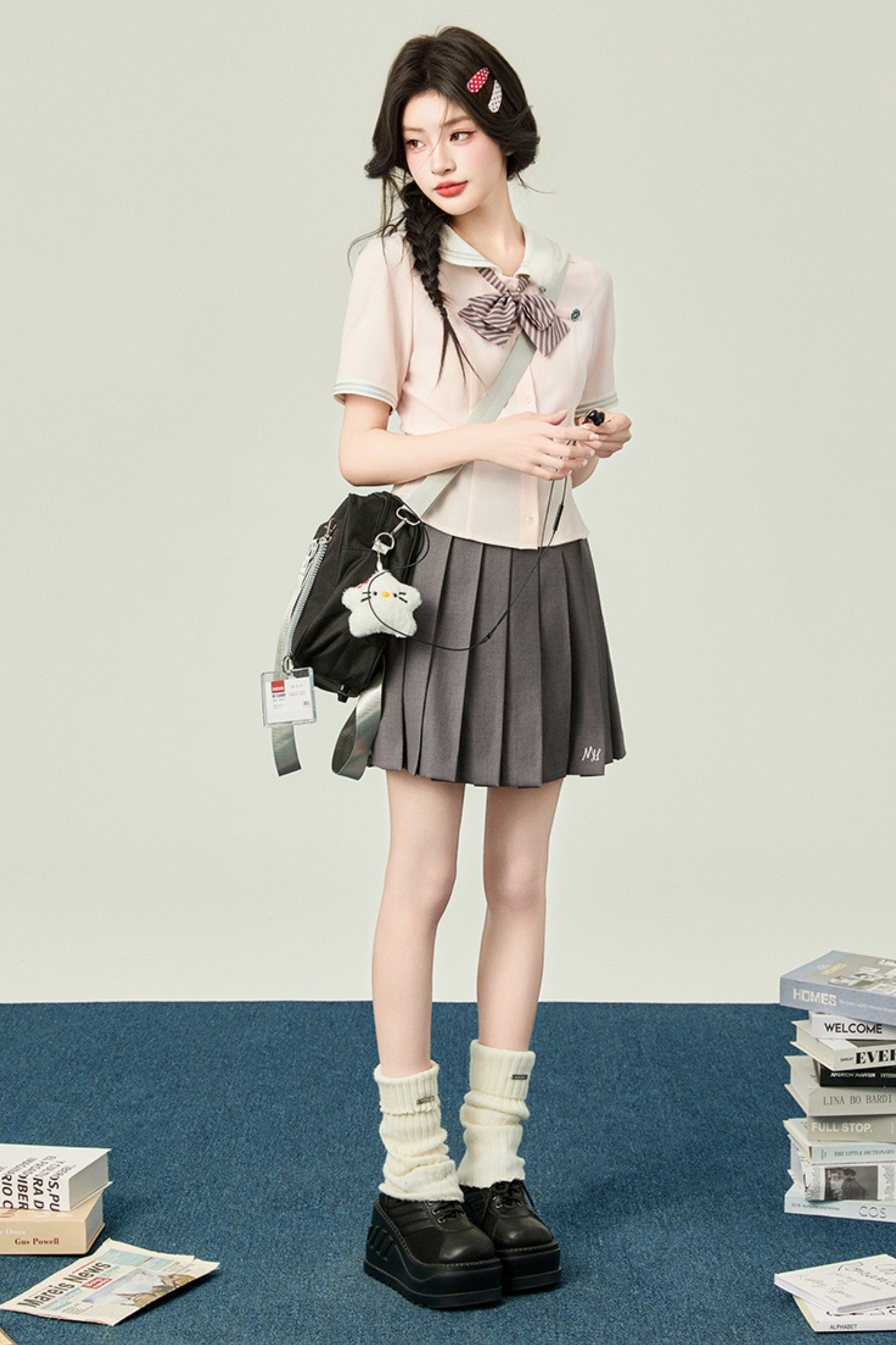 ドールカラートップス＋プリーツスカート＋リボン