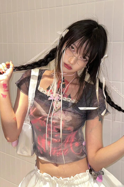 Bunny Cake Print Ash Sheer Mesh Slim Top