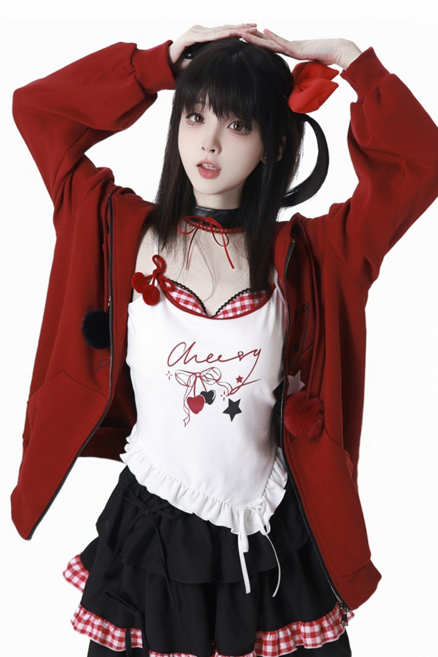 チェリーウィンドフードパーカー+キャミソール+スカート