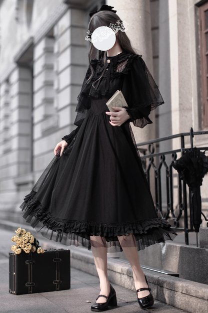 ダークエレガントブラックドットガーゼショールドレス