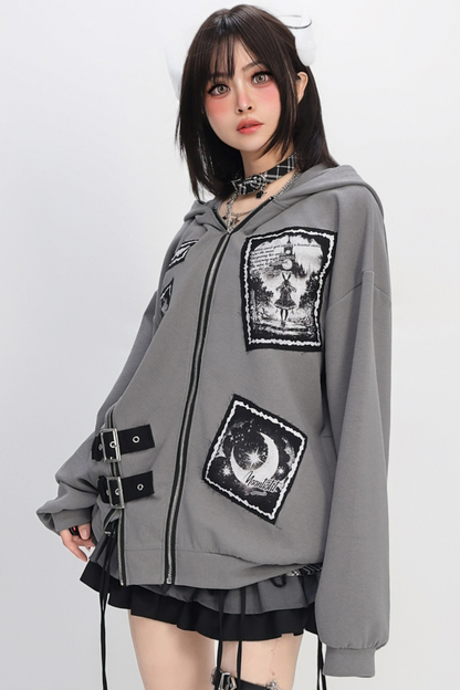Bee Stitch Print Patchwork Zipper Loose Hoodie