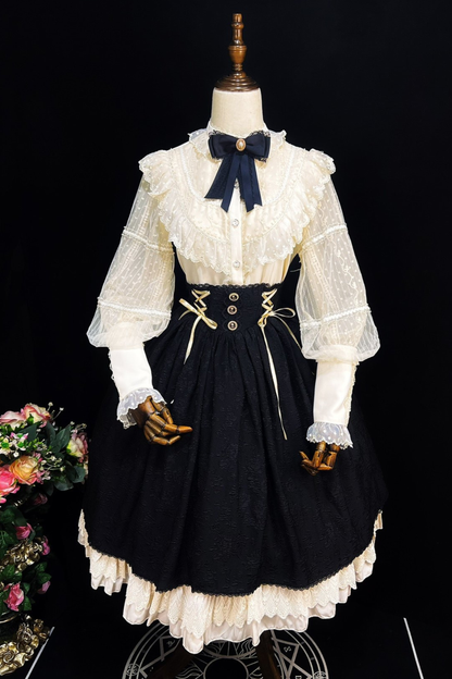 Retro Chic Lolita Shirt + Lace-up High Waist Lolita Skirt