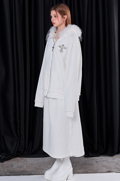 ファーフードモードルーズジップパーカー