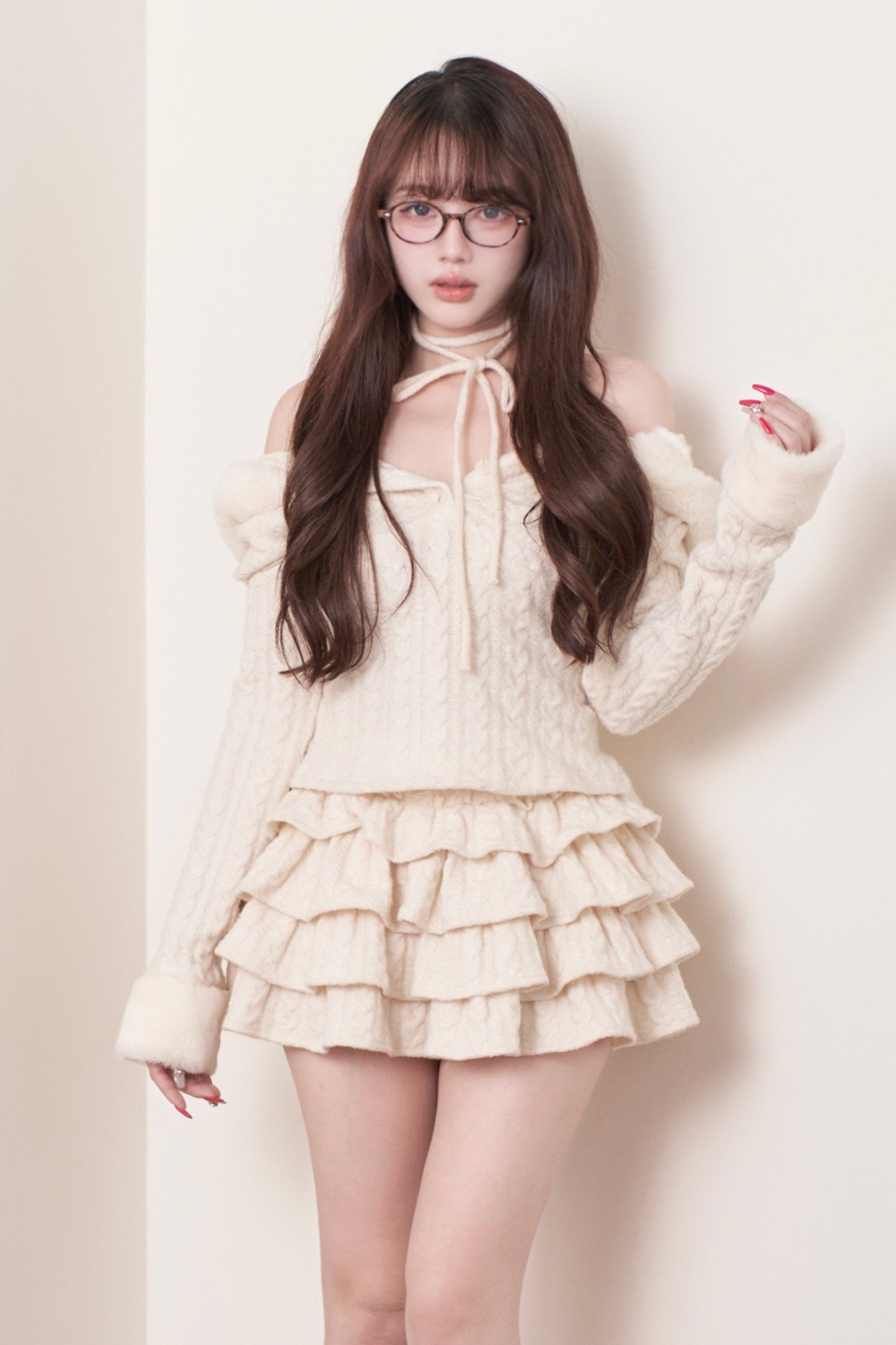 ケーブルニットトップス+ティアードスカート