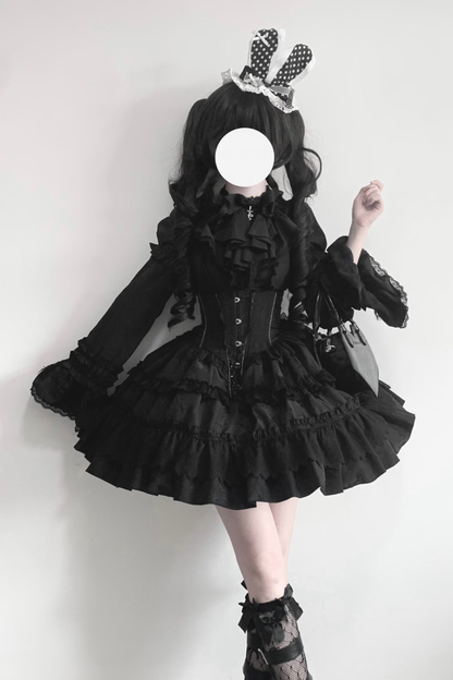 ゴシックフィッシュボーンスカート+シャツ+リボンカラー