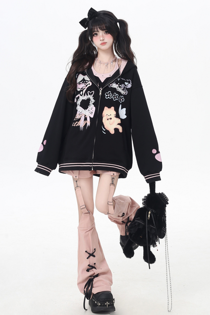 Animal Illustration Loose Zip Hoodie