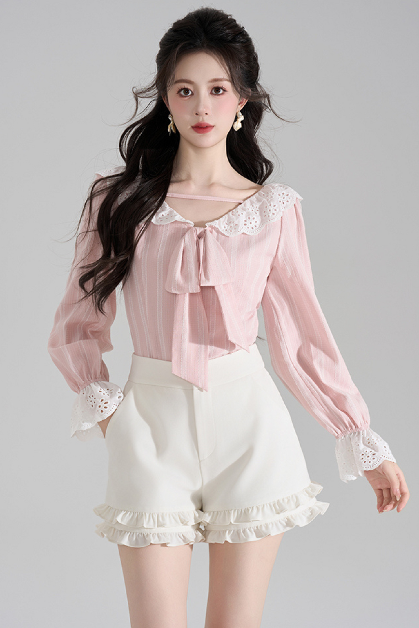 Pink Striped Lace Trim Blouse + Ruffled Shorts
