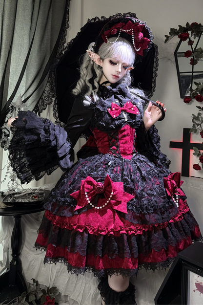 ローズフリルプリンセスジャンパースカート+バッグリボン+ボンネット