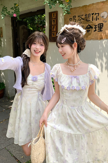 French Flower Off-the-shoulder Dress + Cardigan