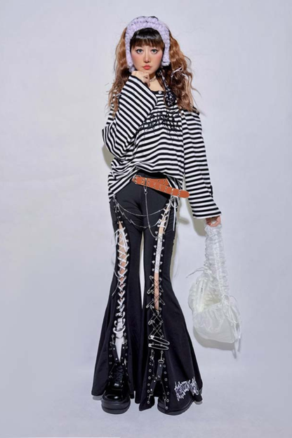 ストラップカットアウトフレアパンツ+ベルト