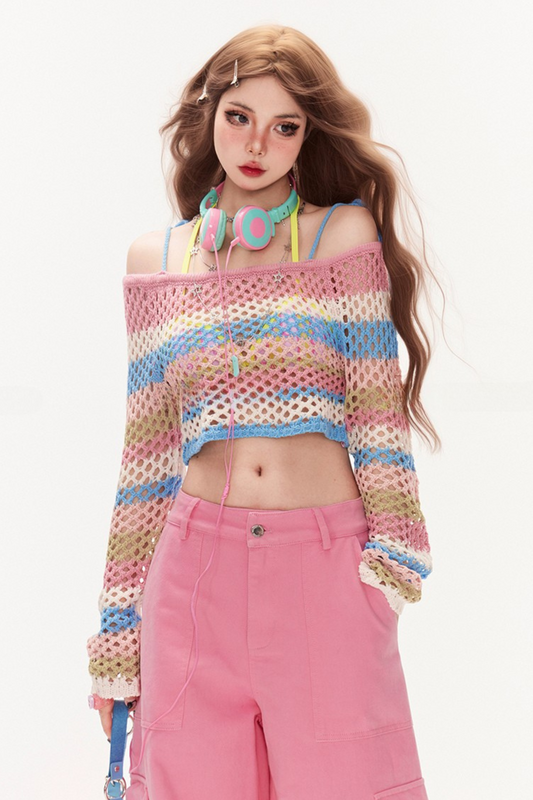 ピーチボーダーオフショルダーニット