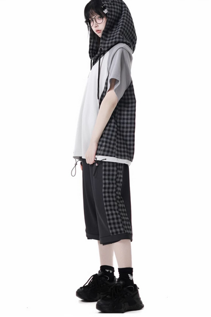 チェックショートトップス+チェックパンツ+フードトップス