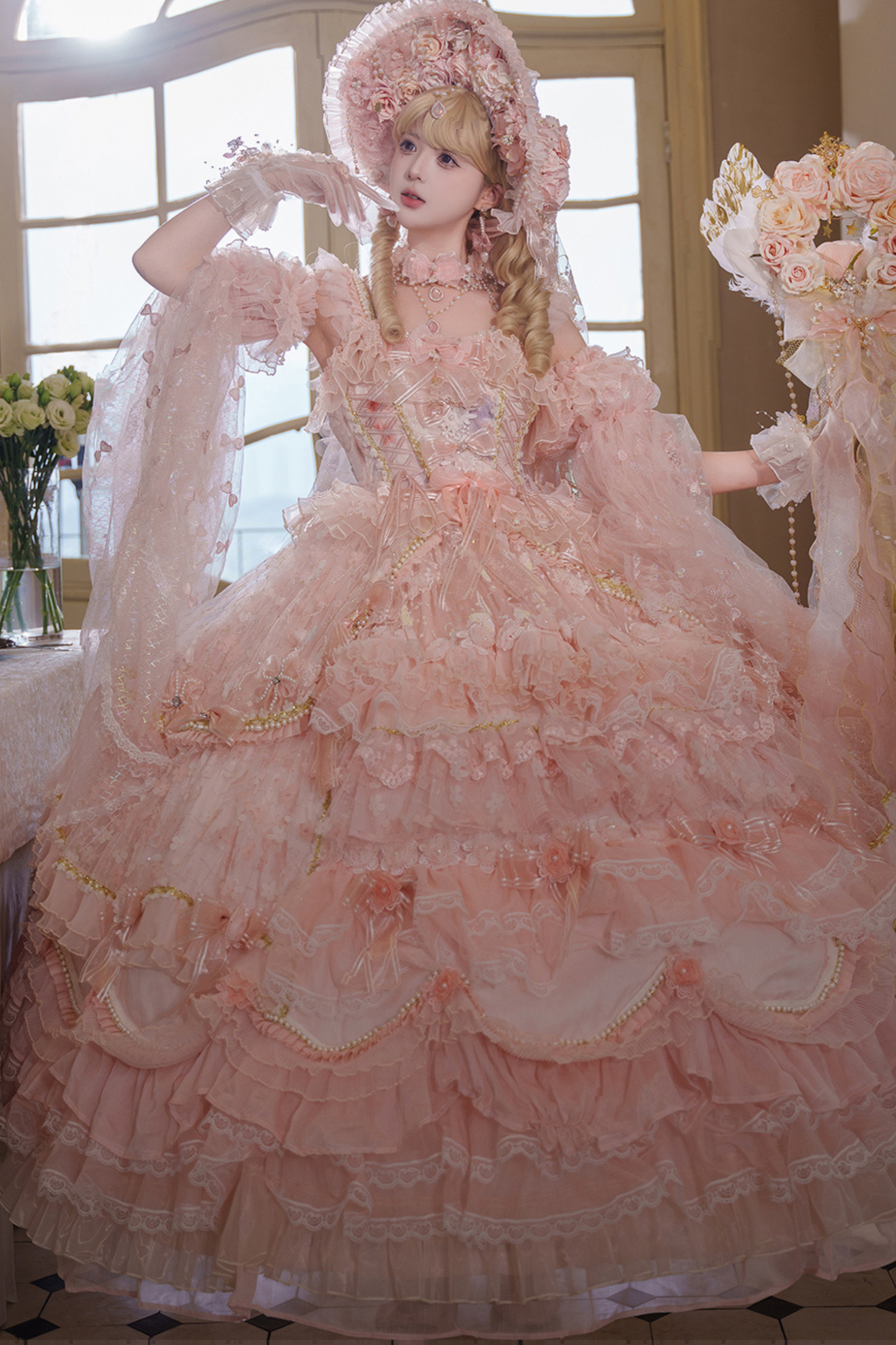 スイートフラワーゴージャスティーパーティーロングロリータドレス