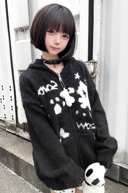 キャットデザインフードニットカーディガン