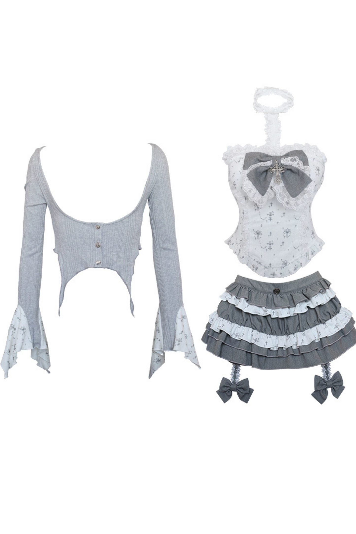 Dream Broken Galaxy Cross Tube Top + Gray Knit Cardigan + Gray Cake Skirt