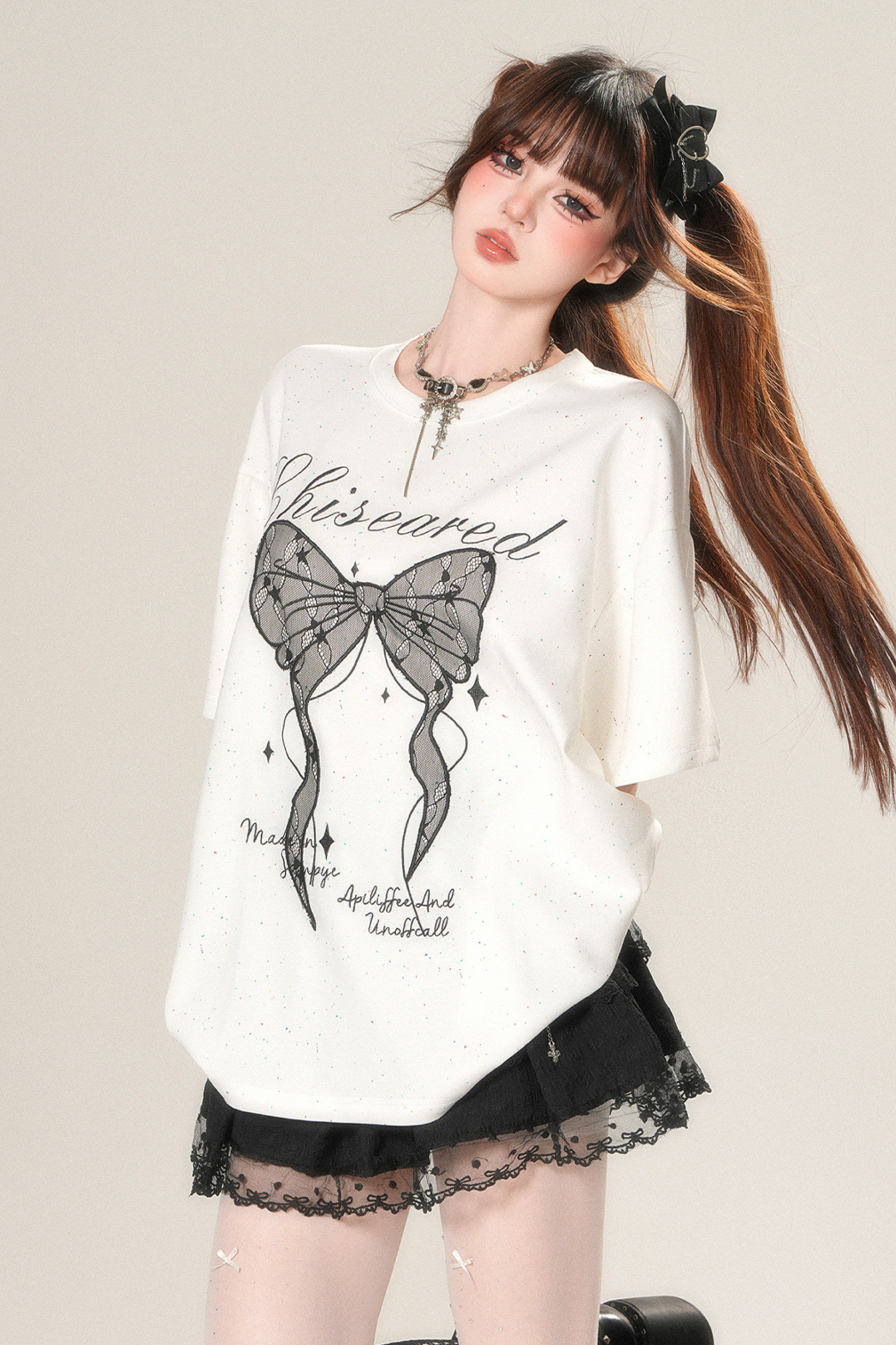 レースリボンルーズ地雷トップス