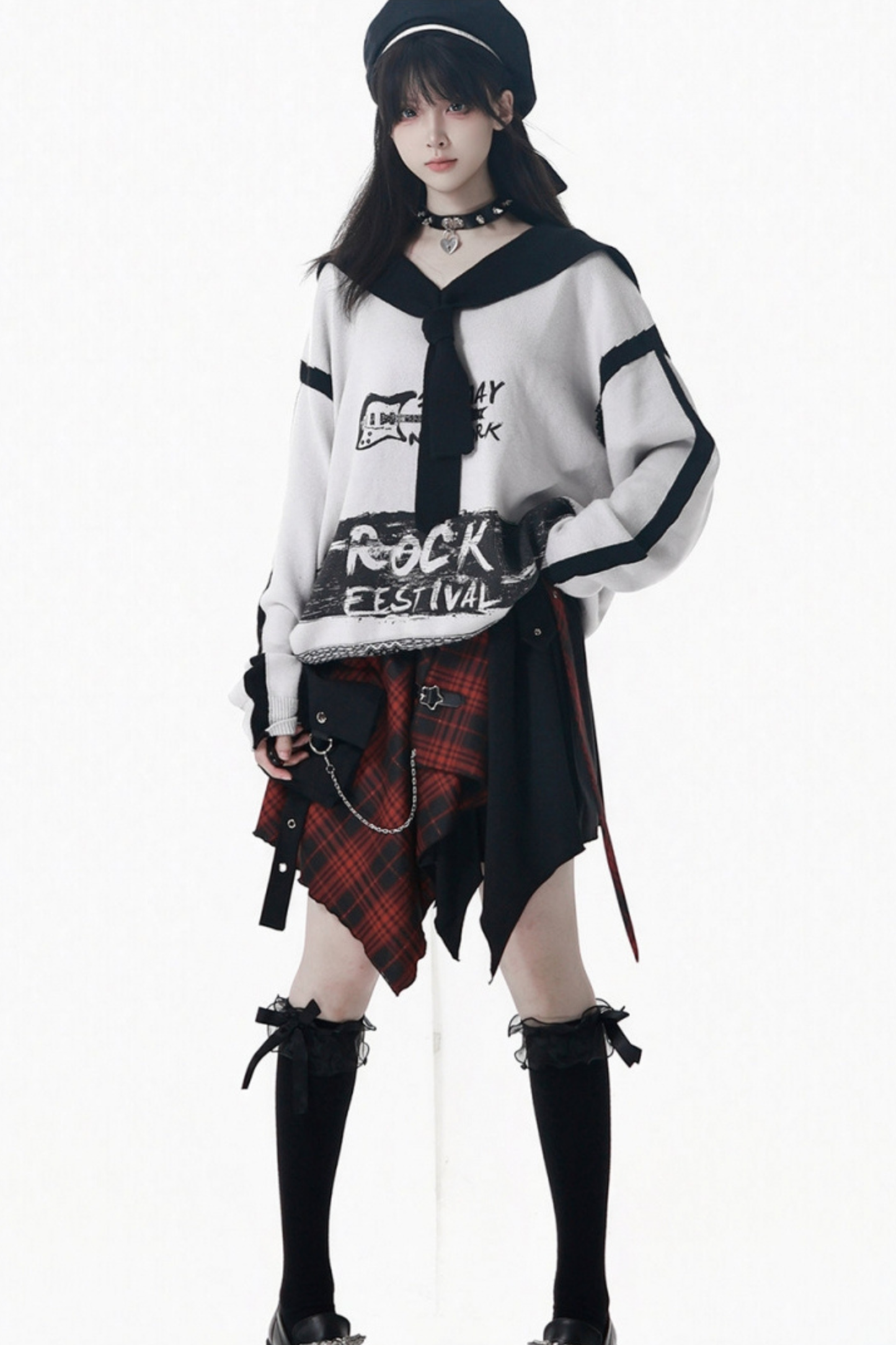 Dark Loose Sweater + Checked Asymmetrical Skirt