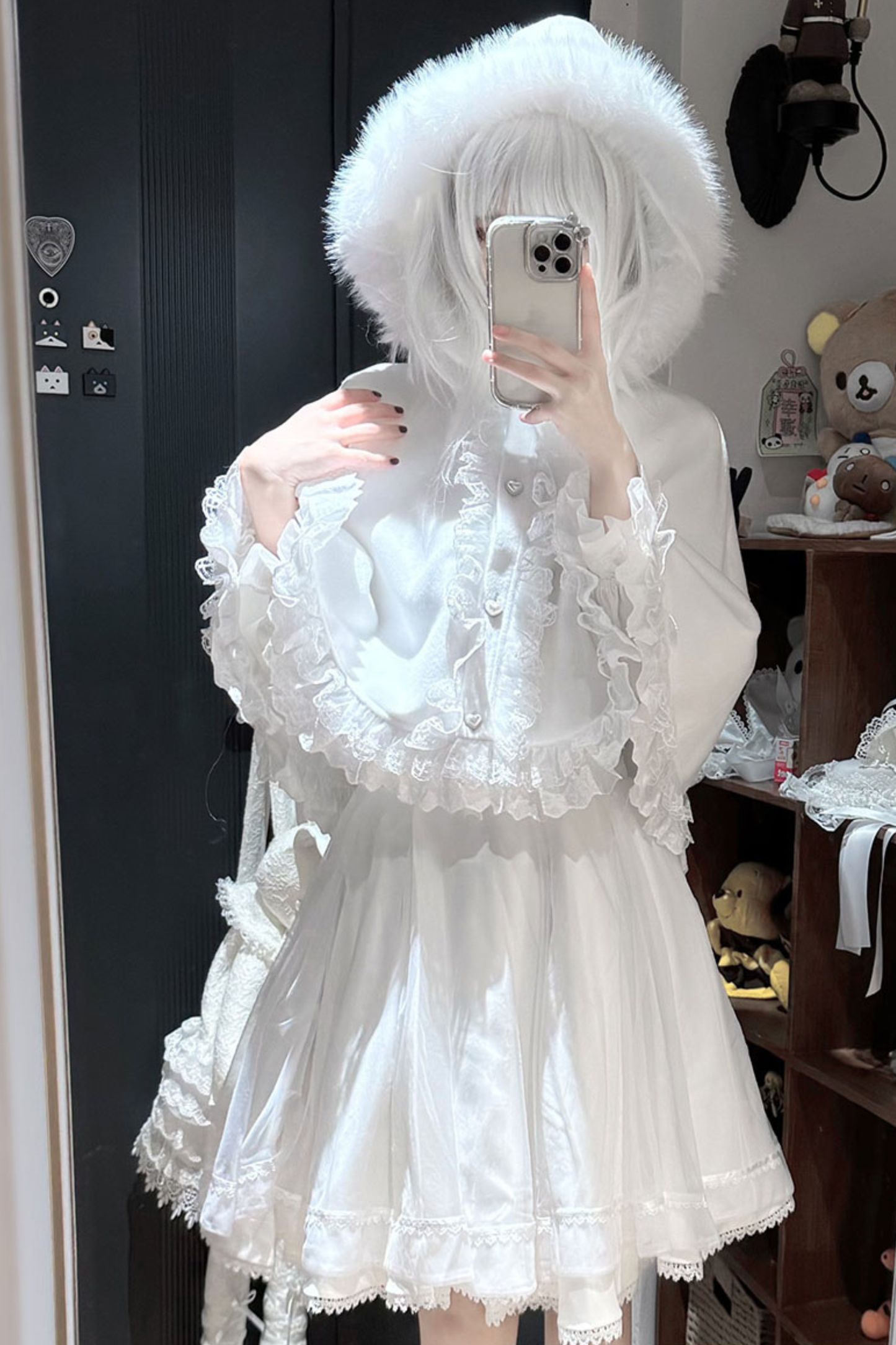 ファーフードマント+トップス+スカート