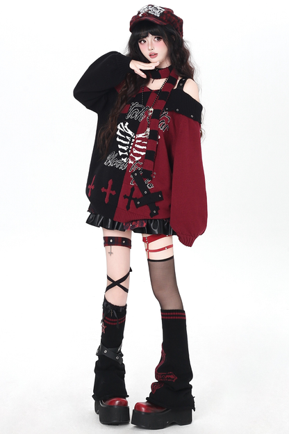 スカルボーンゴシックオフショルダートップス+スカーフ