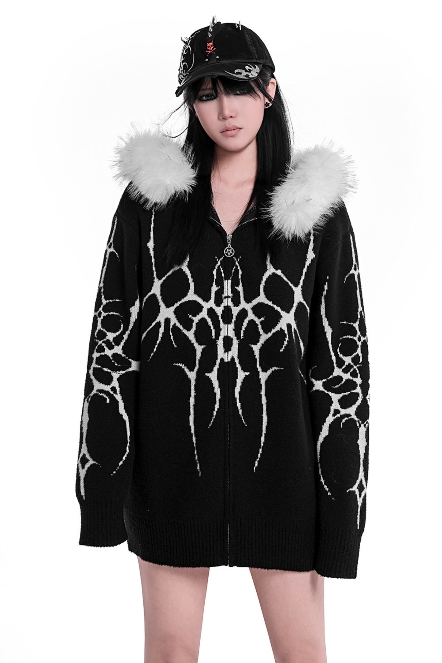 ゴシックファーフードルーズジップカーディガン