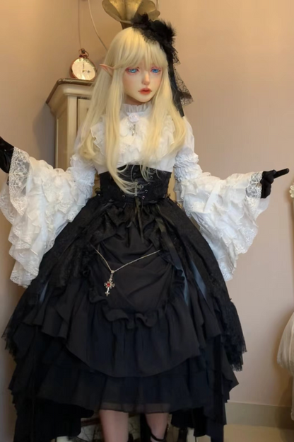 ゴシックスーパーゴージャスジスリーブロリータシャツ+フリルスカート+ハット