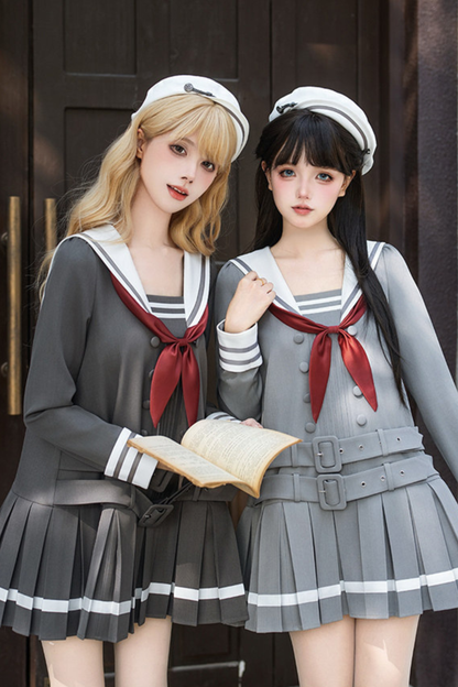Robe collège plissée à col marin + Ruban + Chapeau