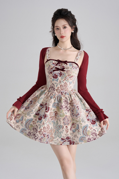 Retro Breeze Fragrance Dress + Short Cardigan