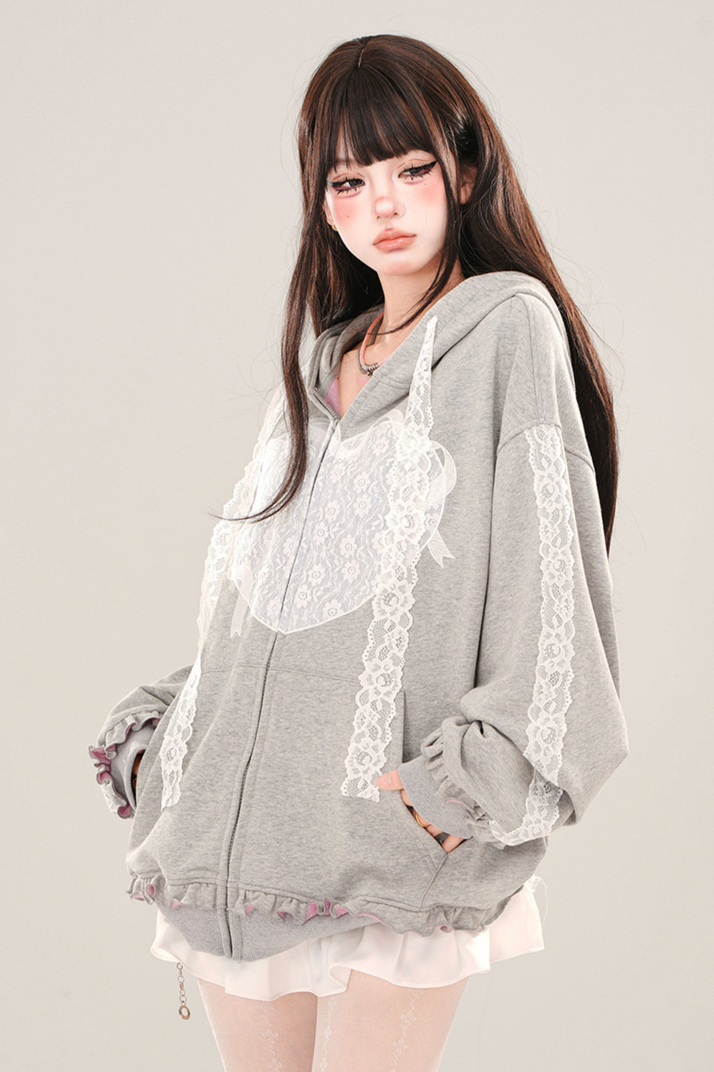 Lace Design Girly Hooded Hoodie