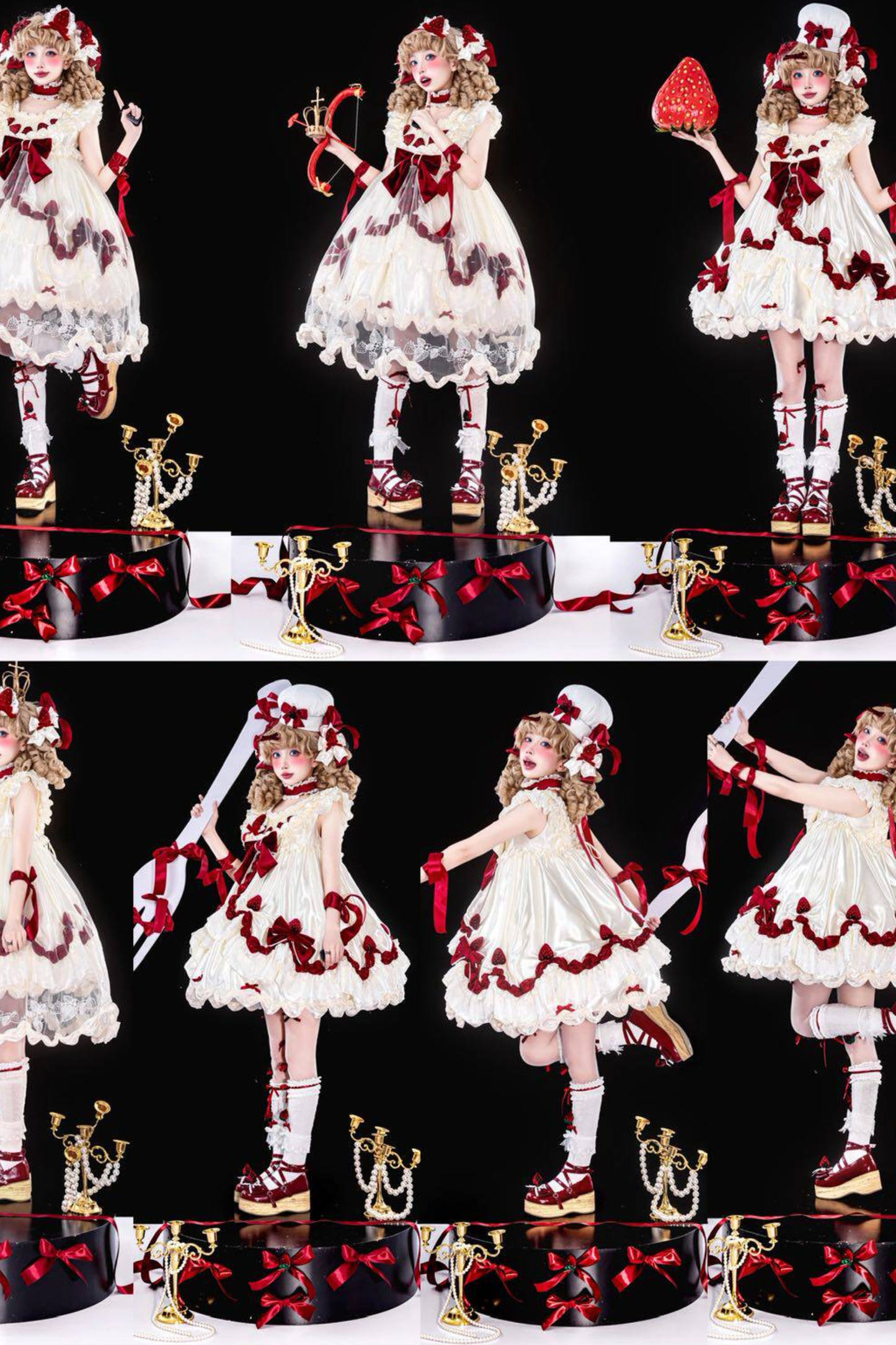 [3월 13일 예약마감] 스트로베리 크림 롤리타 원피스 + 케이크 모자 + 꼬리 + 보닛 + 페티코트