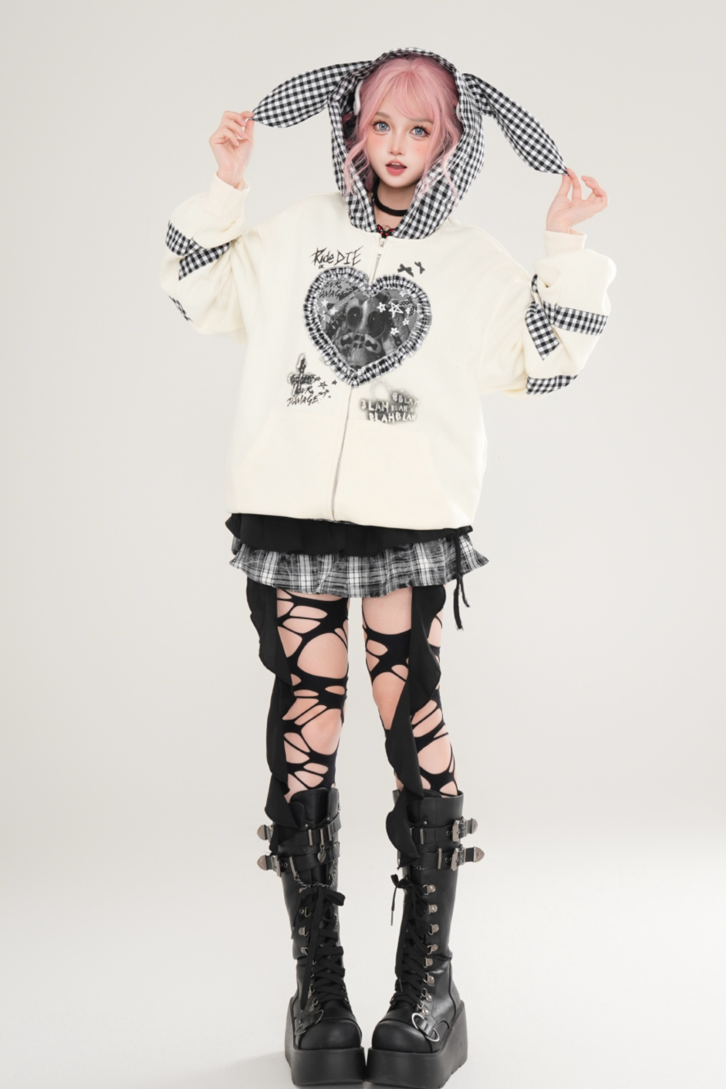 Rabbit Ear Check Hooded Cardigan