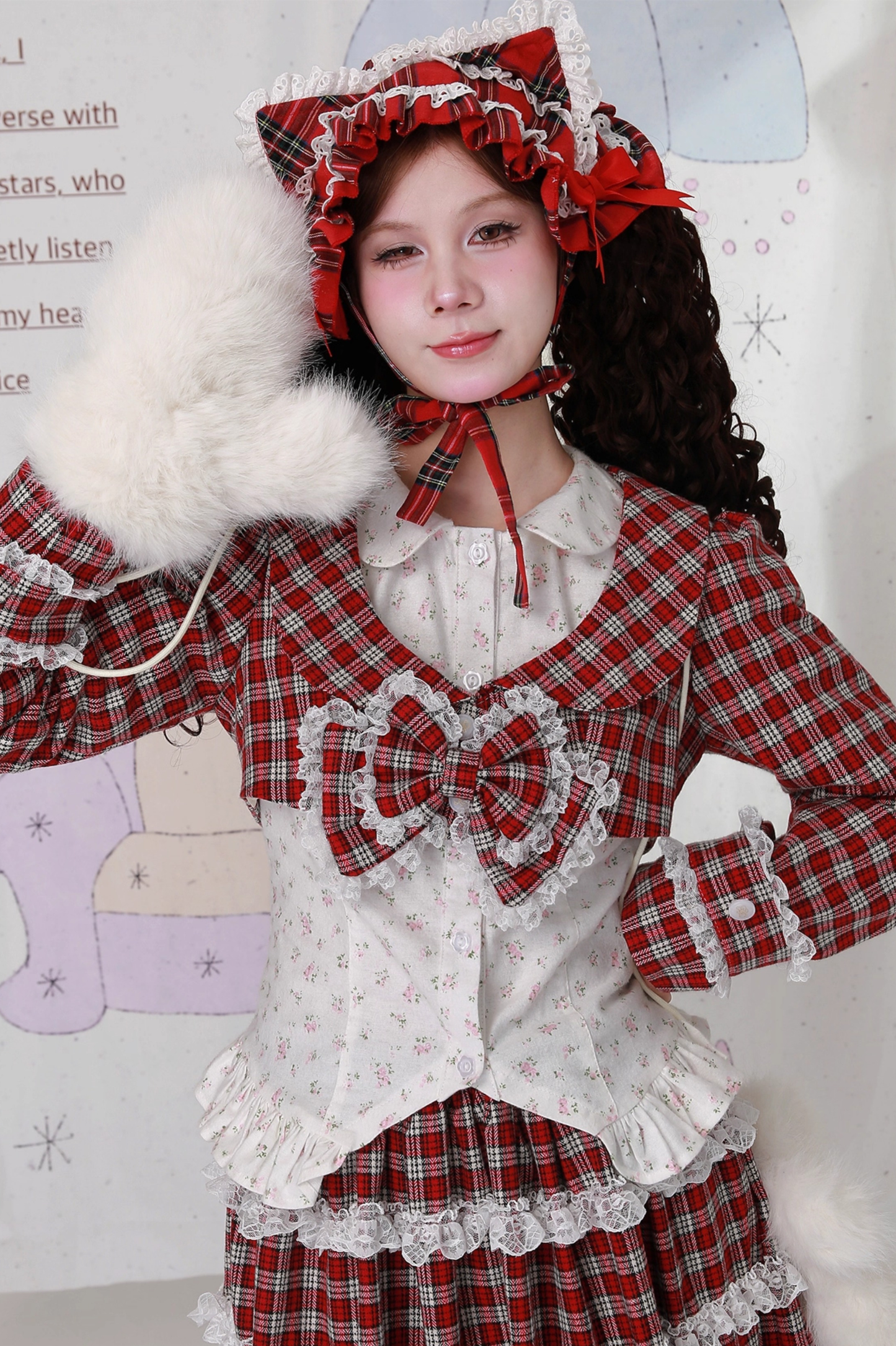 レトロチェックレースリボンショートジャケット