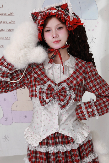 レトロチェックレースリボンショートジャケット