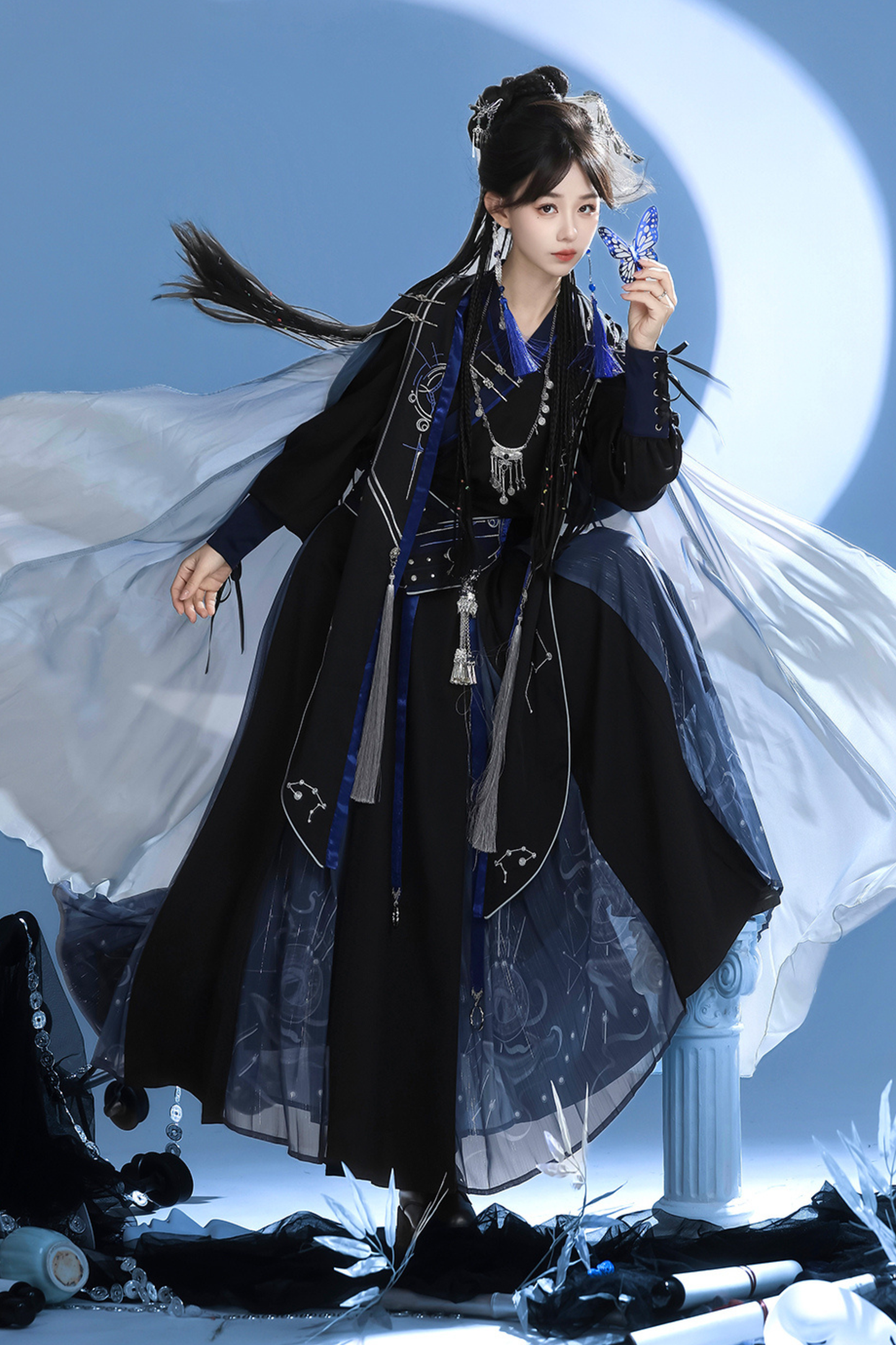 Dark china hooded top + belt + cape + necklace + skirt
