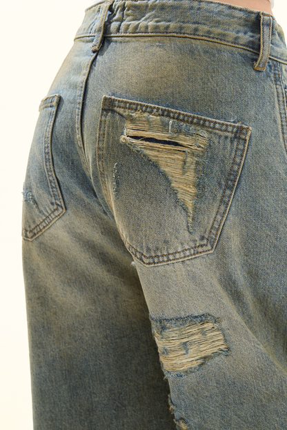 ウォッシュレトロデザインデニムパンツ