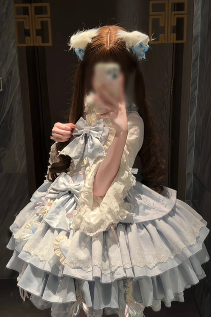 レイヤーフリルスイートプリンセスロリータジャンパースカート+テール+ヘアバンド+ケープ+ボンネット