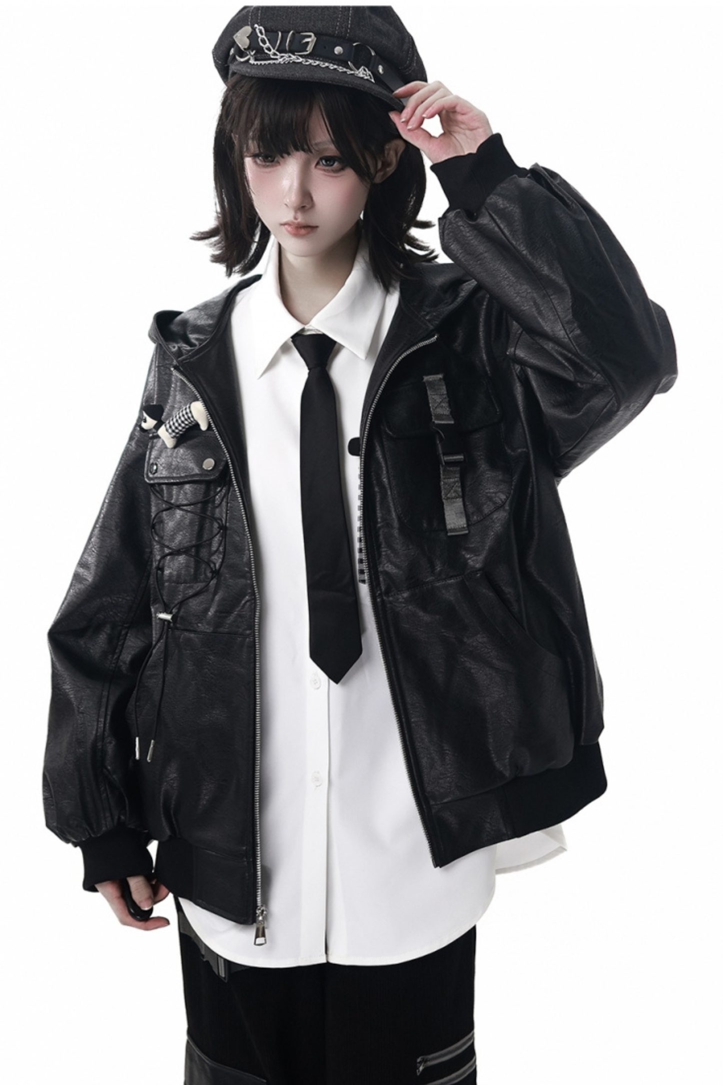 Leather jacket + shirt + long pants + sweatshirt + skirt