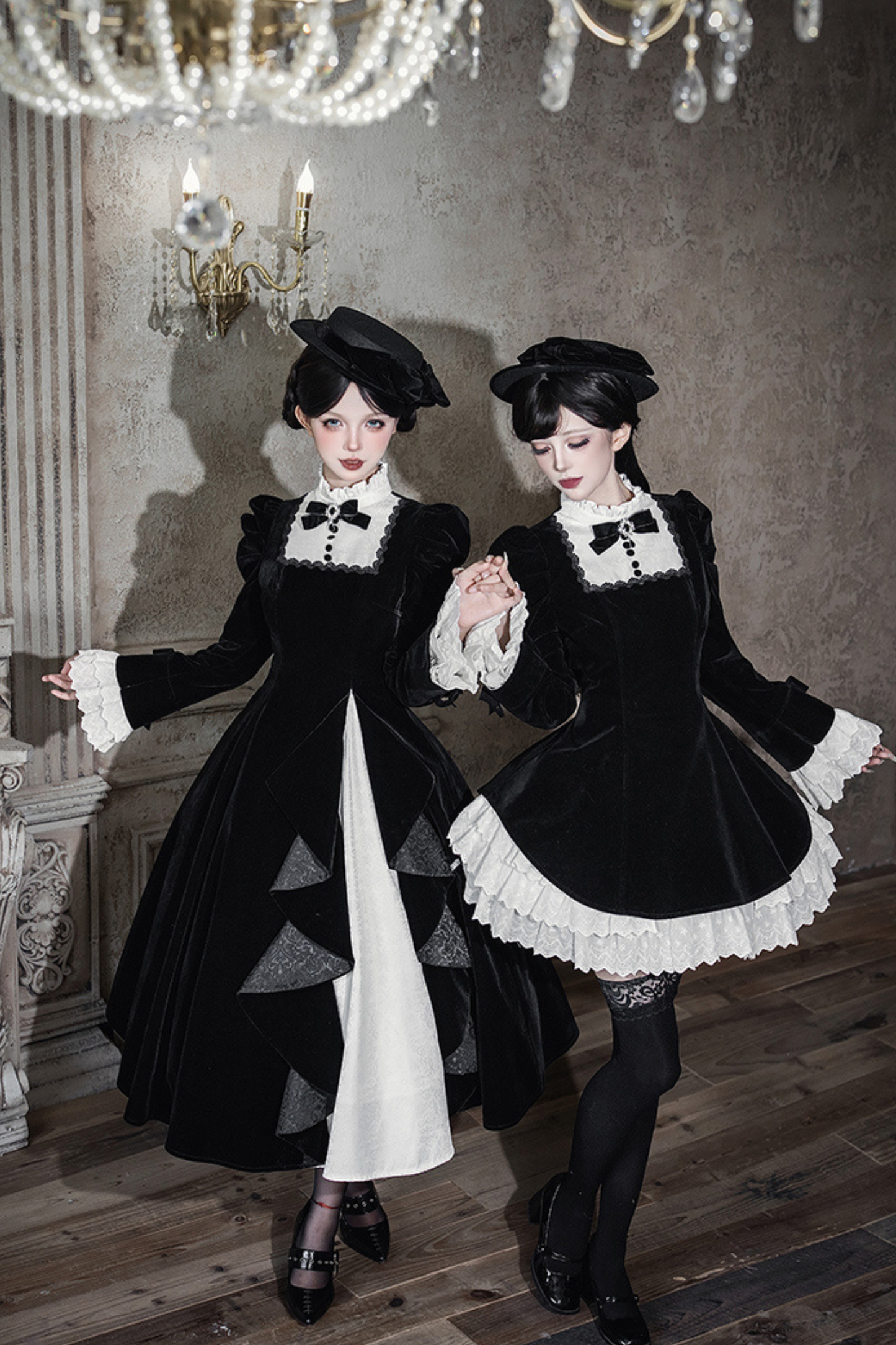 エレガントスリムコントラストカラーツインドレス+カラー+リボン+ブローチ+ハット