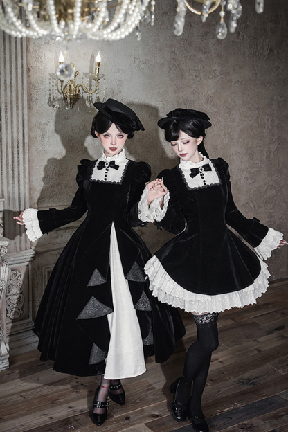 エレガントスリムコントラストカラーツインドレス+カラー+リボン+ブローチ+ハット