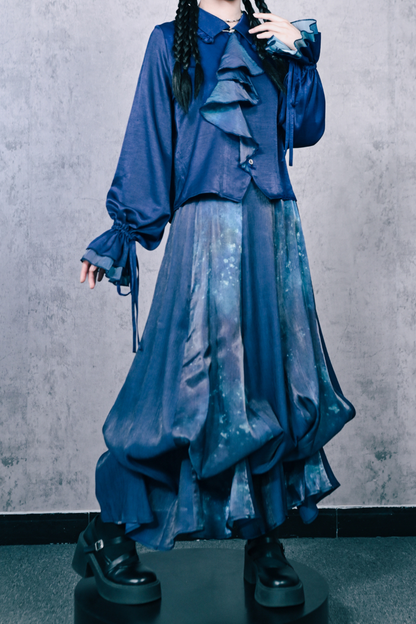 Blue World Floating Light Splice Ruffle Lantern Sleeve Shirt