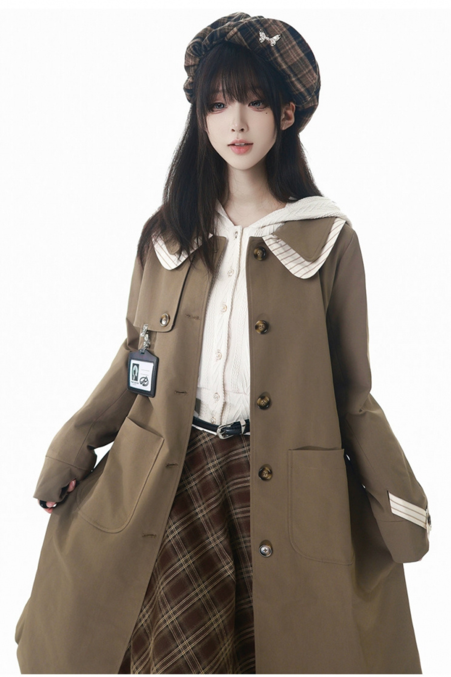 メープルトレンチコート+フードトップス+チェックスカート+シャツドレス