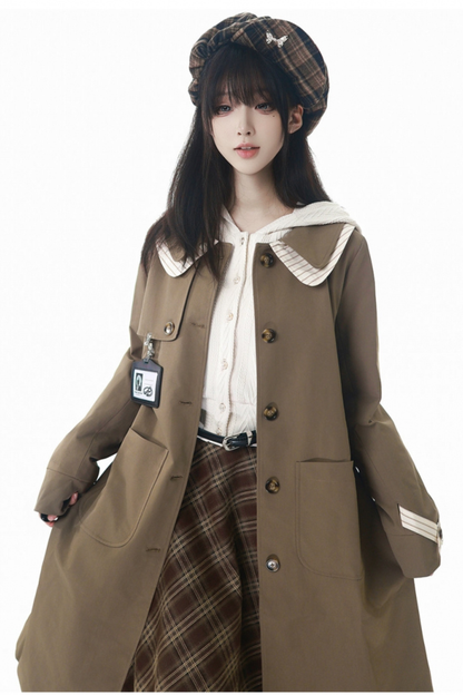 メープルトレンチコート+フードトップス+チェックスカート+シャツドレス