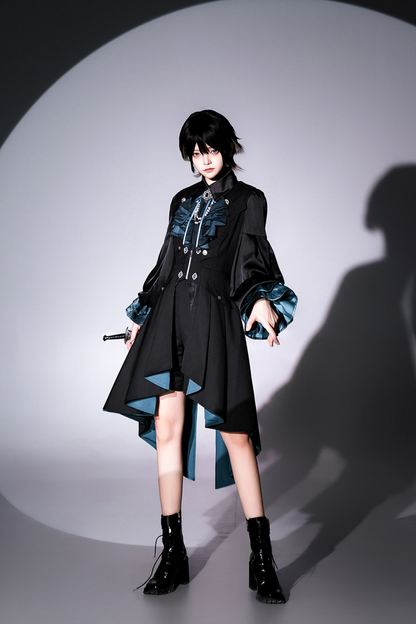 Dark mode asymmetrical jacket + dress + pants